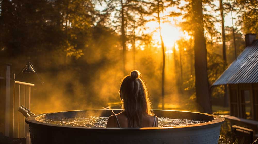 Woman is enjoying hot water in hot tub in a forest in a garden w