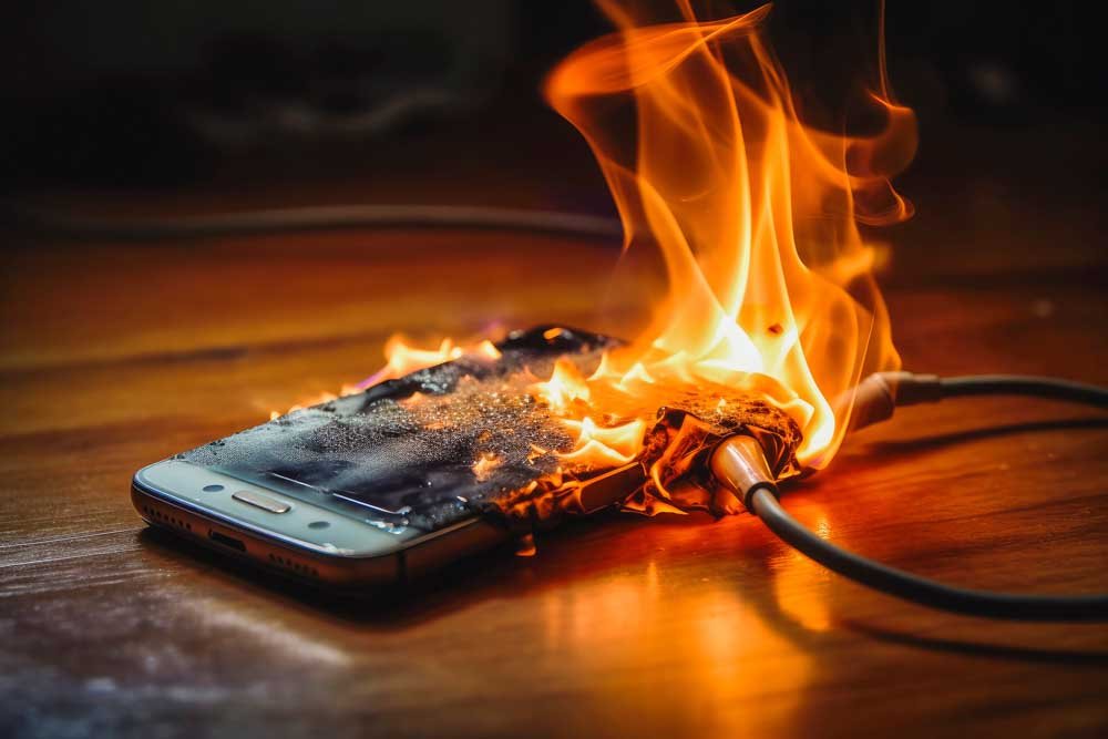 Mobile phone catches fire whilst charging. Fire hazard from mobi