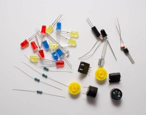 Electronics set - colored LEDs, transistors and plastic buttons