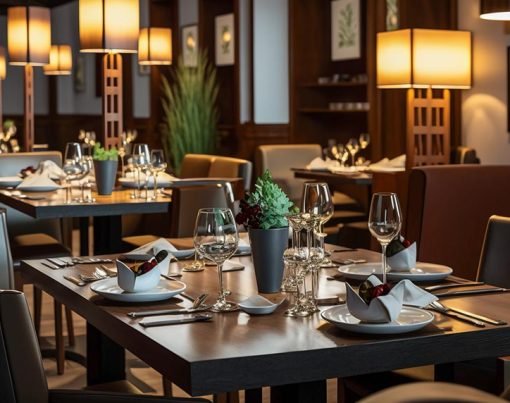 Indulge in Culinary Excellence, A Large Luxury Restaurant with Tables Set and Ready, Generative AI