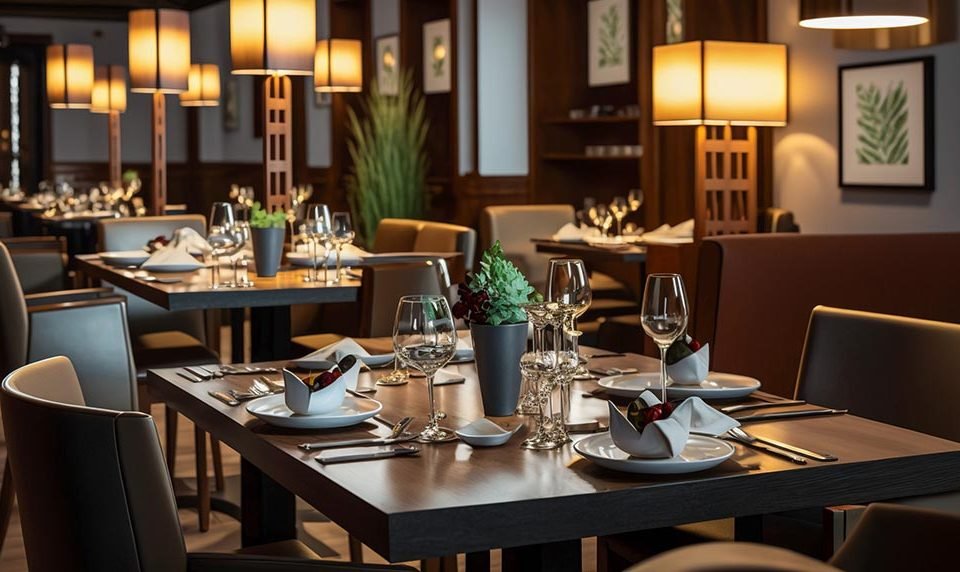 Indulge in Culinary Excellence, A Large Luxury Restaurant with Tables Set and Ready, Generative AI