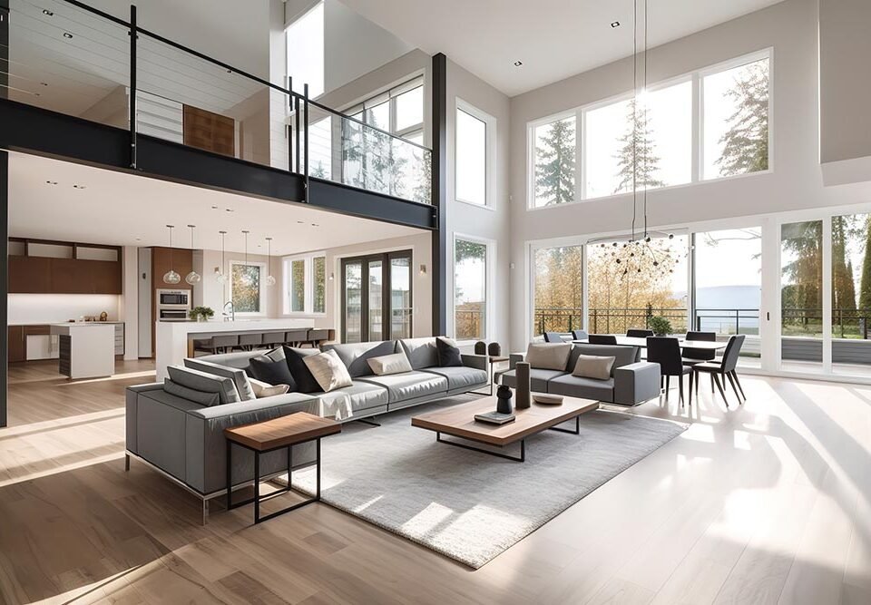Beautiful living room interior in new luxury home with open concept floor plan. Shows kitchen, dining room, and wall of windows with amazing exterior, Generative AI.