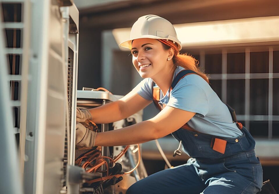 Young female mechanic HVAC engineer repairing air conditioner external unit outdoors. AI generative