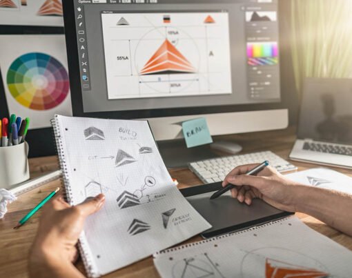 Graphic designer drawing sketches logo design. The concept of a new brand. Professional creative occupation with idea.