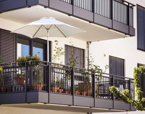 Balcony of Modern Apartment Building with Shutters Outdoor or Ro