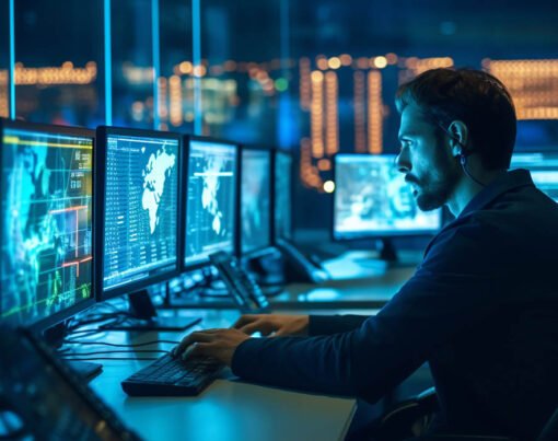 A cybersecurity expert monitoring network traffic in a Security