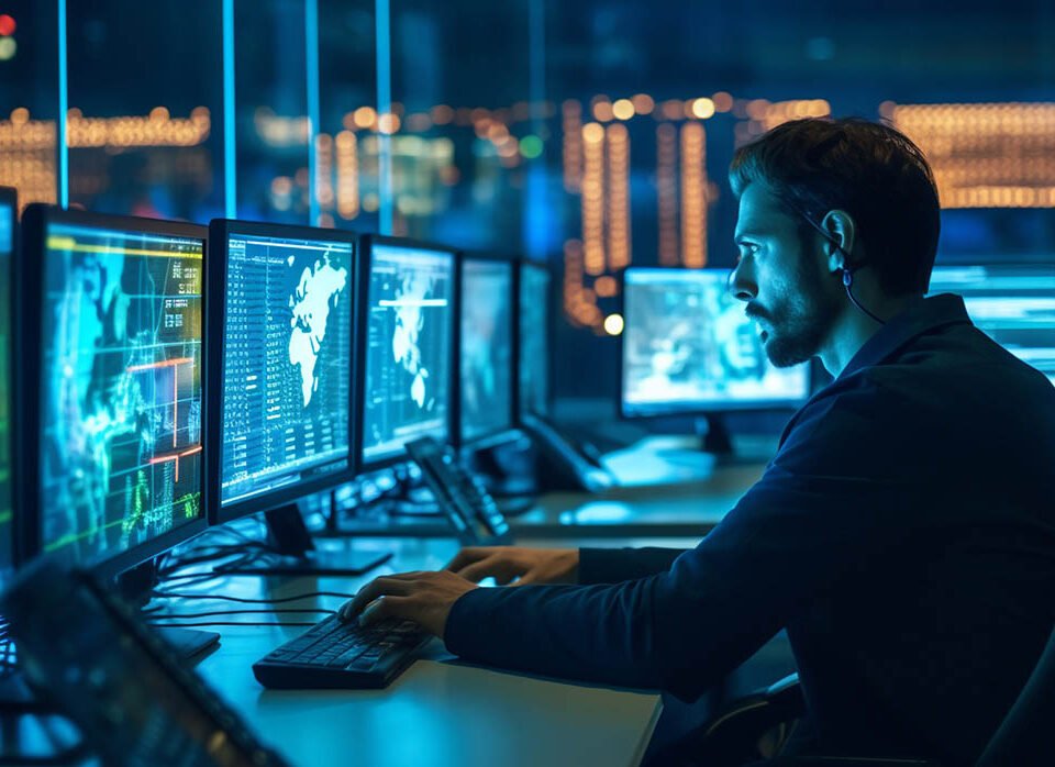 A cybersecurity expert monitoring network traffic in a Security