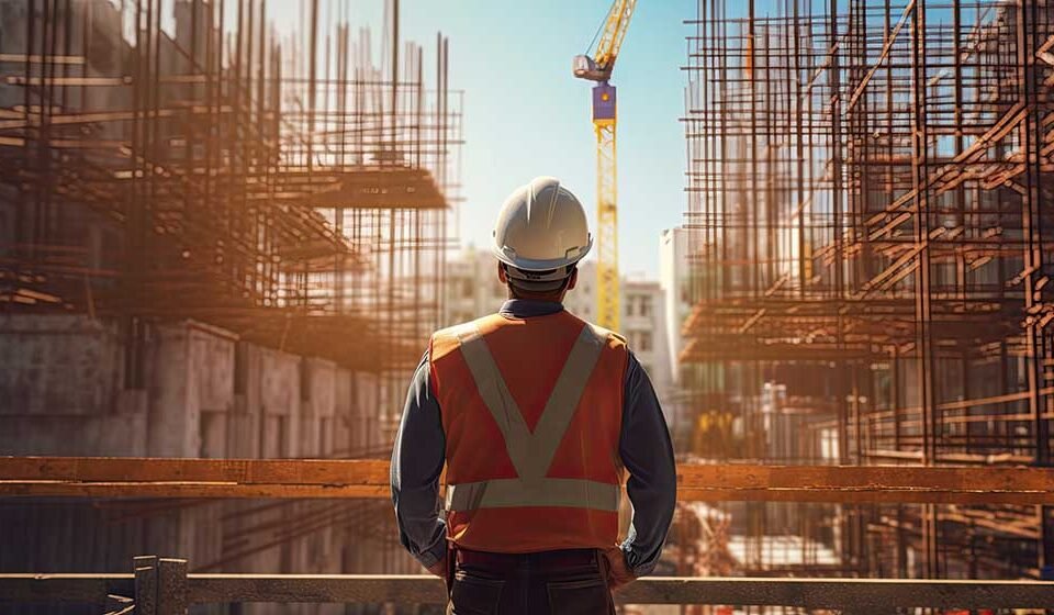 A civil engineer stands looking at the construction site. Genera