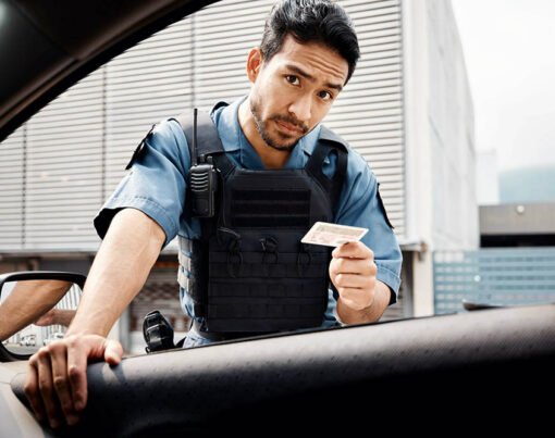 Car, drivers license or police officer in city to check info for law enforcement, protection or street safety. Cop portrait, traffic stop or security guard on patrol in a town for crime or justice