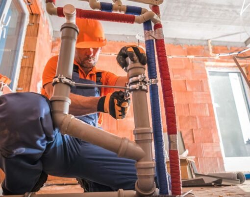Water and Wastewater Pipeline Installation in Residential Building by Caucasian Plumbing Technician in His 40s.